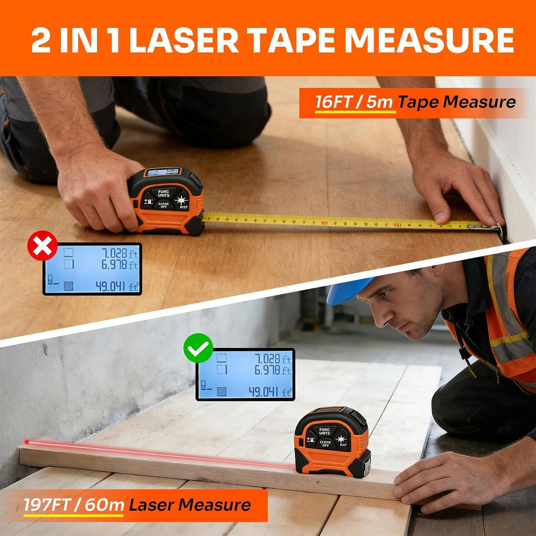 2 in 1 Laser Massband - ansigtny Laser Entfernungsmesser 60 m &amp; 5 m Massband mit LCD-Display Unterst