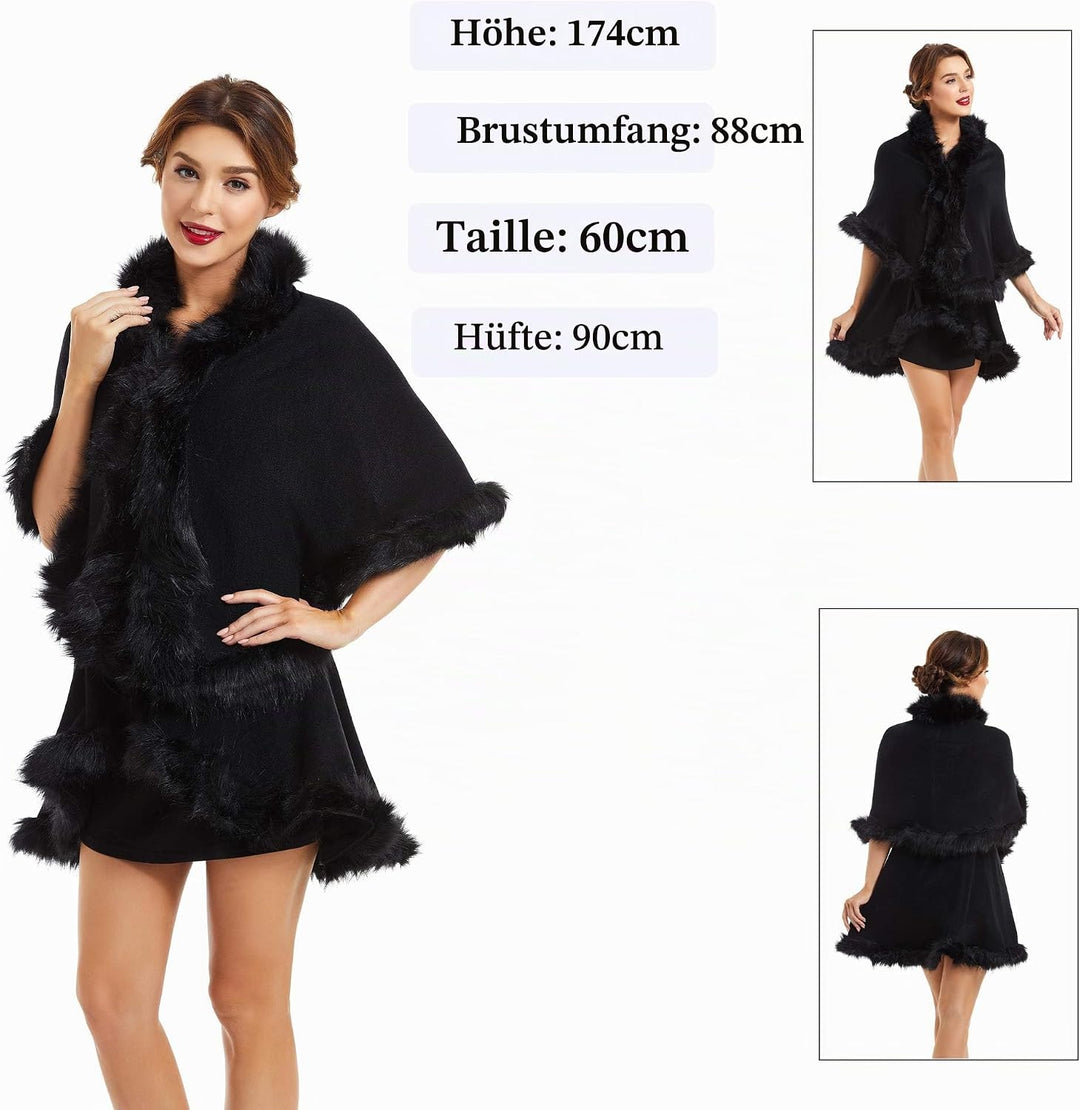 ZLYC Damen Winter Kunstpelz Poncho Strick Schal Stola Warm Cape Cardigan Schwarz, Schwarz