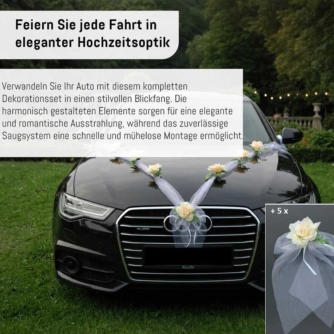Organza M + Schleife Auto Schmuck Braut Paar Rose Deko Dekoration Autoschmuck Hochzeit Car Auto Wedd