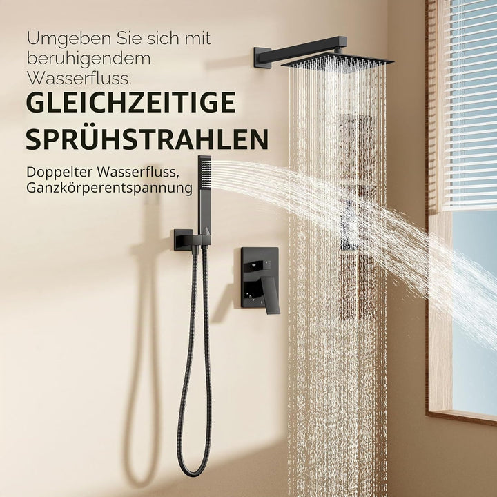 KES Unterputz Duscharmatur Set Duschkopf Regendusche Schwarz 3 Funktionen mit Handbrause Duschschlau