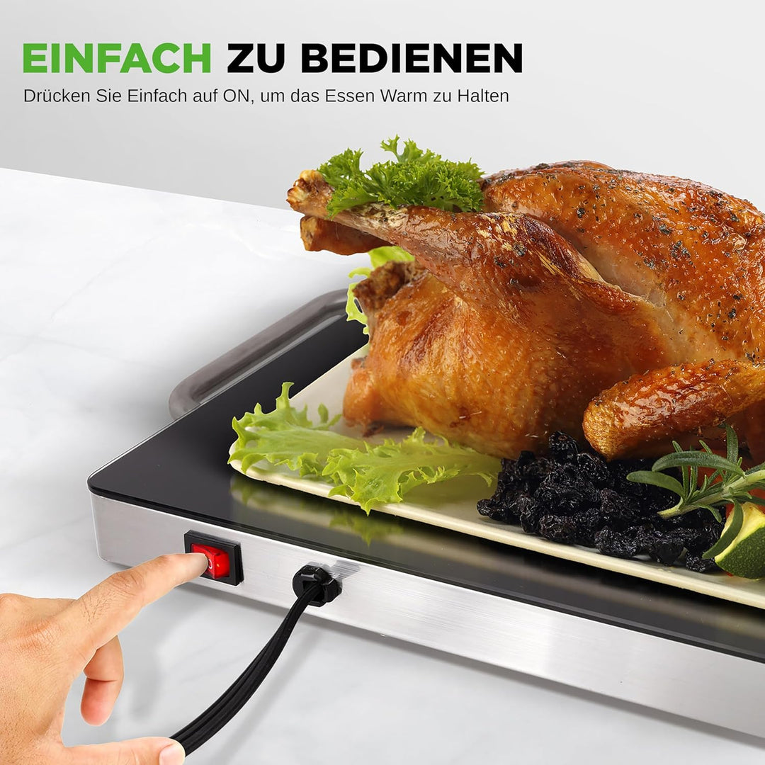 NutriChef Warmhalteplatte Elektrisch – 50,8 x 30,5 cm Glas-Kochplatte mit Griffen für Speisen, Für B