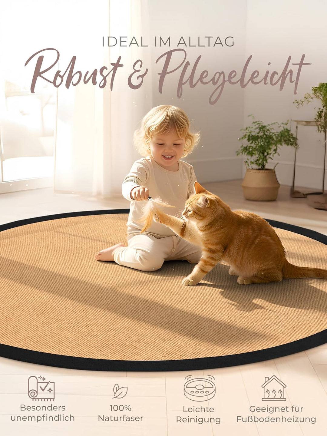 carpetfine Sisalteppich Rund Schwarz Ø 80 | Moderner Teppich für Wohn- und Schlafzimmer Ø 80 cm Schw