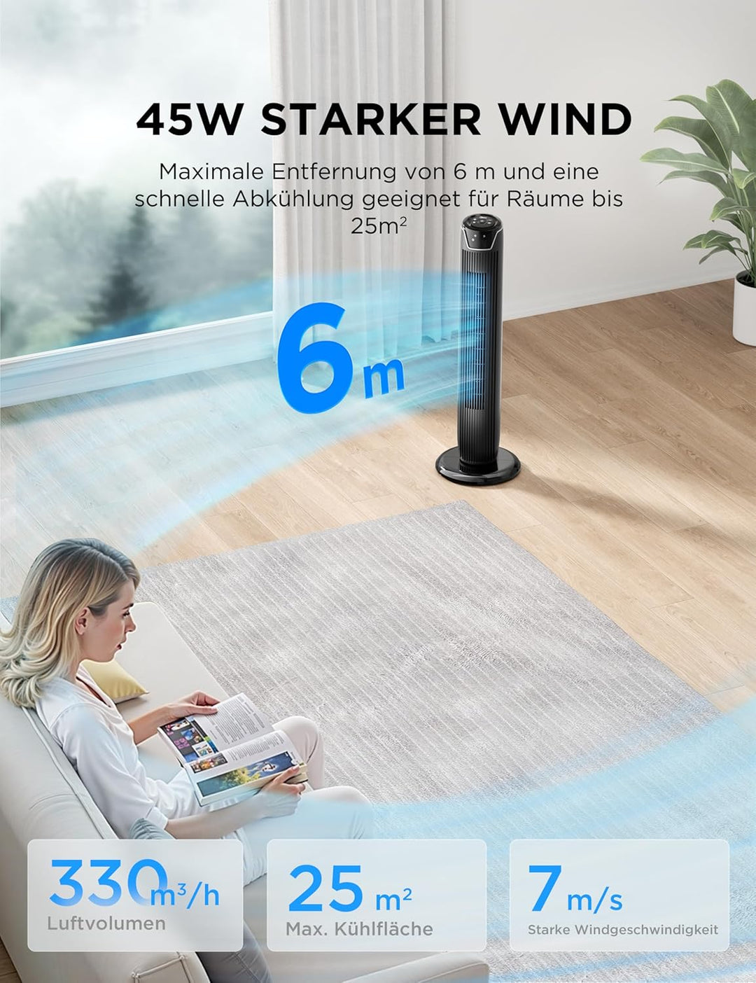 Midea FZ10-17JR Turmventilator Leise mit Fernbedienung 92CM, mobiler Lüfter,Ventilator Säulenventila