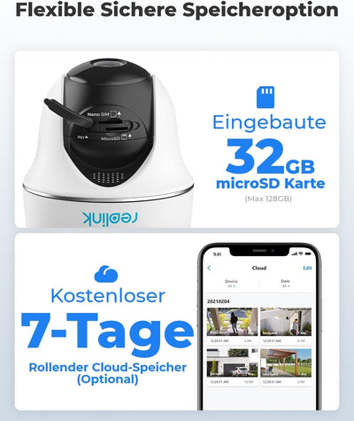 Reolink 3G/4G LTE Überwachungskamera mit SIM-Kartenslot+32GB microSD Karte, 2K 4MP QHD, 355°/140° PT