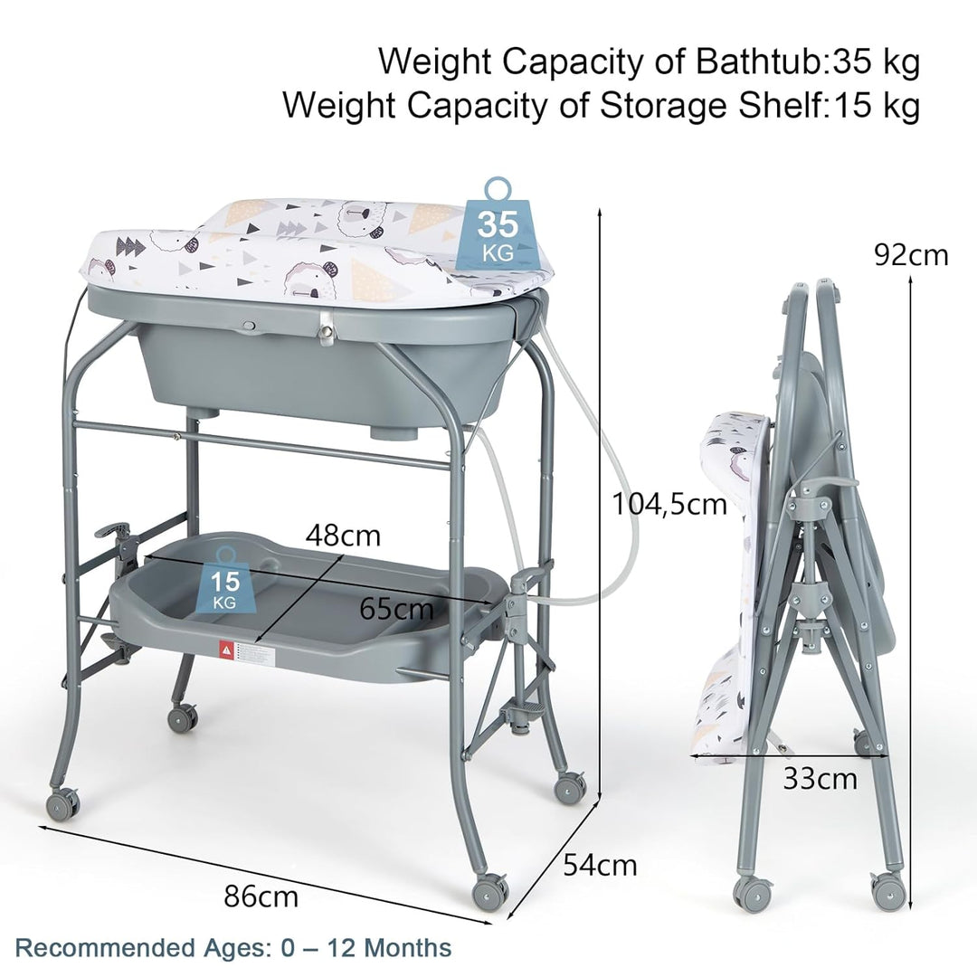 LIFEZEAL Wickeltisch mit Badewanne, 2 in 1 Flatbare Bade-Wickelkombination auf Räder, Badewannenaufs