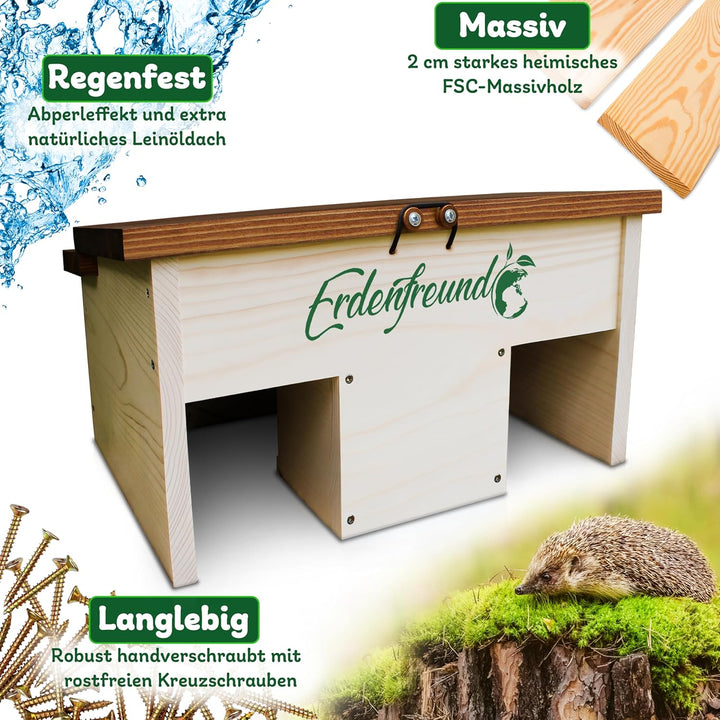 ERDENFREUND® Igelfutterhaus + 2er Set Wasser- & Futternapf Igelhaus kaufen artgerecht mit festem Dac