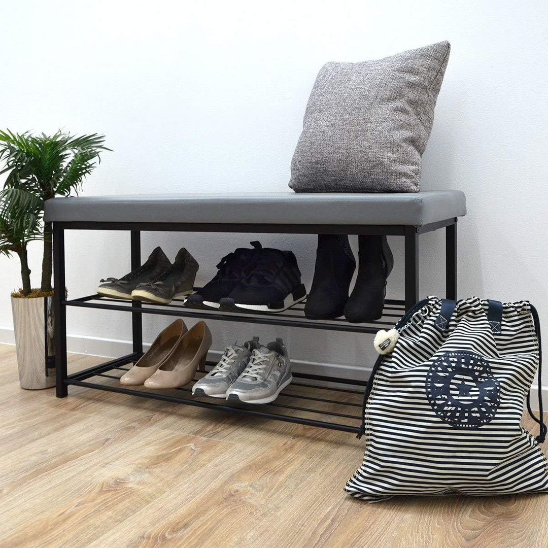 DuneDesign Schuhregal 96x32,5x51cm Schuhbank Offener Schuhschrank Sitzbank Grau Hellgrau, Hellgrau