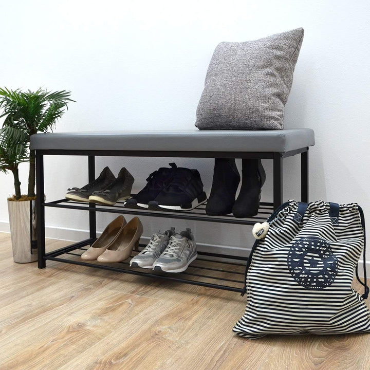 DuneDesign Schuhregal 96x32,5x51cm Schuhbank Offener Schuhschrank Sitzbank Grau Hellgrau, Hellgrau