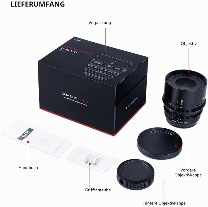 7artisans 25 mm T1.05 Cine Objektiv mit grosser Blende, manueller Fokus, geringe Verzerrung, Mini-Ki