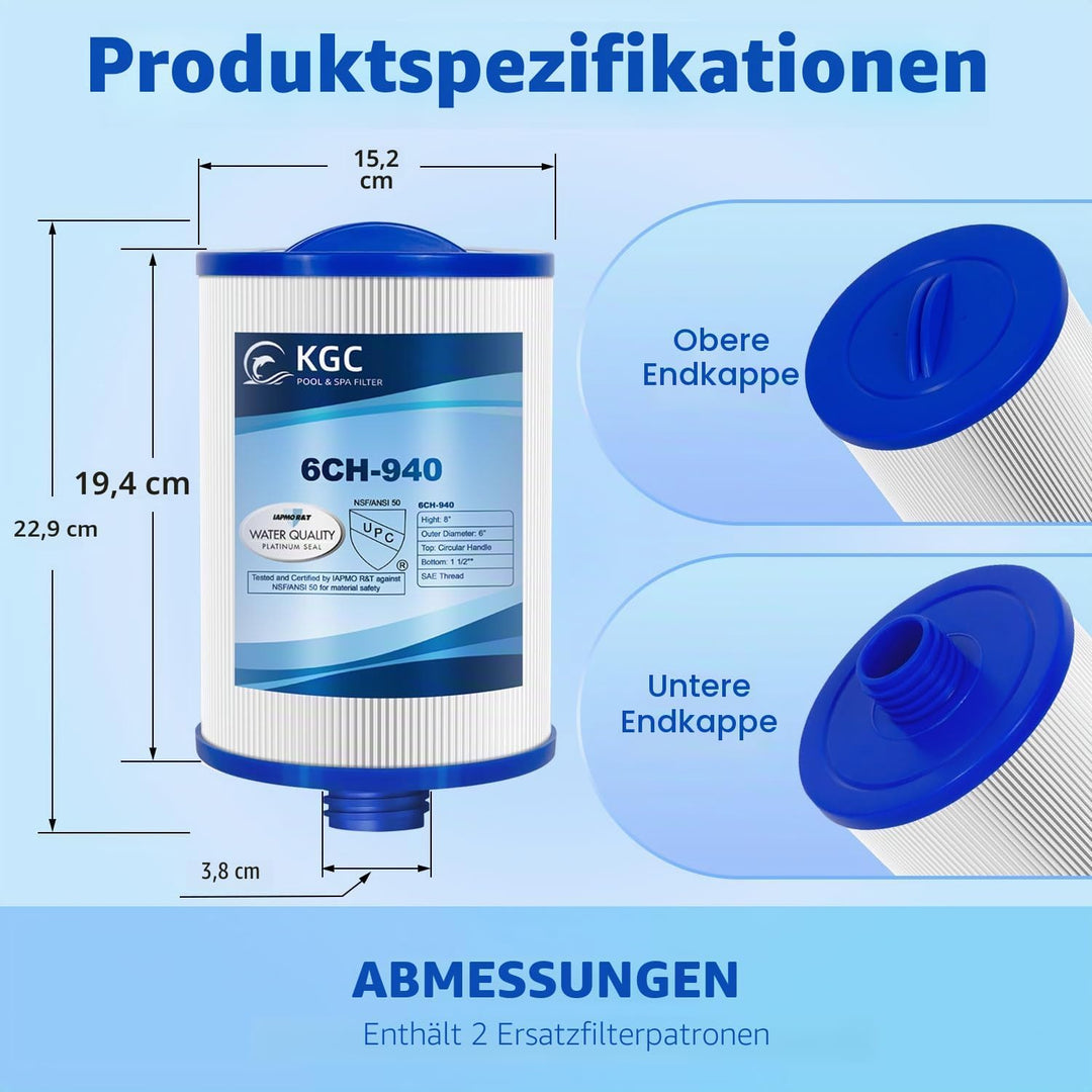 KGC Spa Filter 6CH-940 für Whirlpool, 1 Stück Ersatz für Pleatco PWW50P3 (1 1/2" SAE Grobgewinde), U