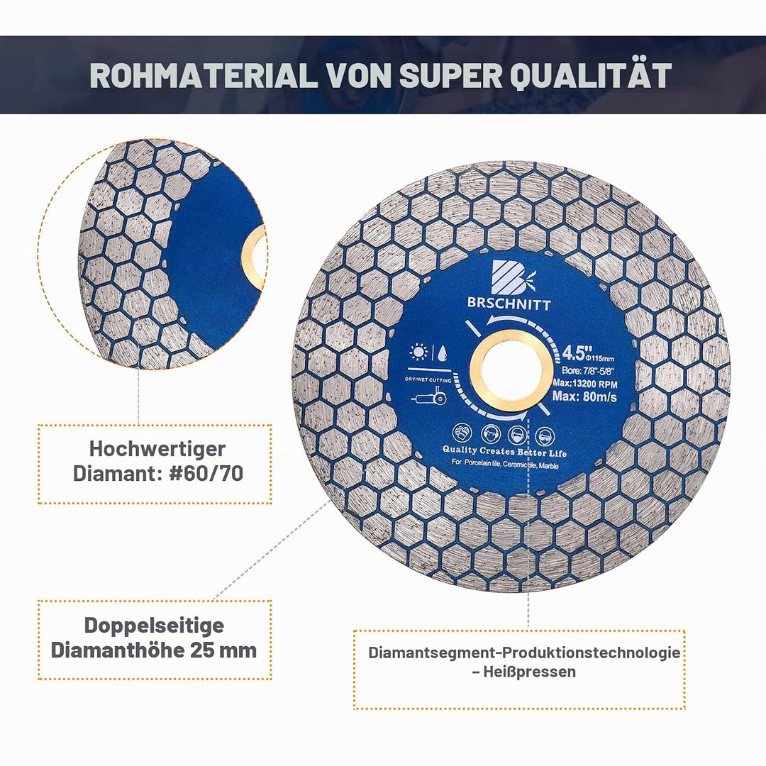 Diamant Trennscheibe 115mm - BRSCHNITT Doppelseitig zum Schneiden und Schleifen Granit Marmor Fliese