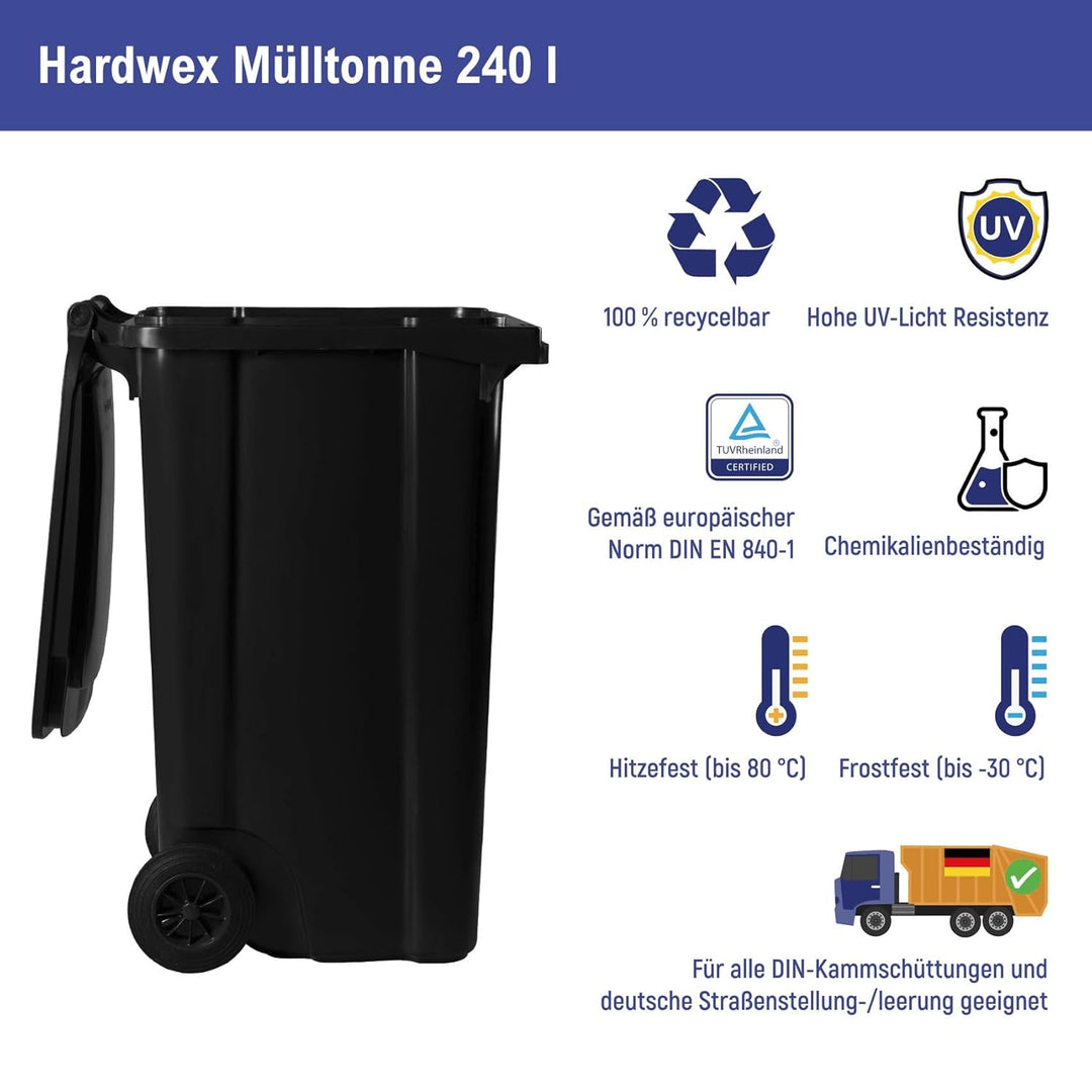 Hardwex Mülltonne mit 2 Rädern und Deckel, Müllgrossbehälter, Abfalltonne, Mülleimer, Volumen: 240 L