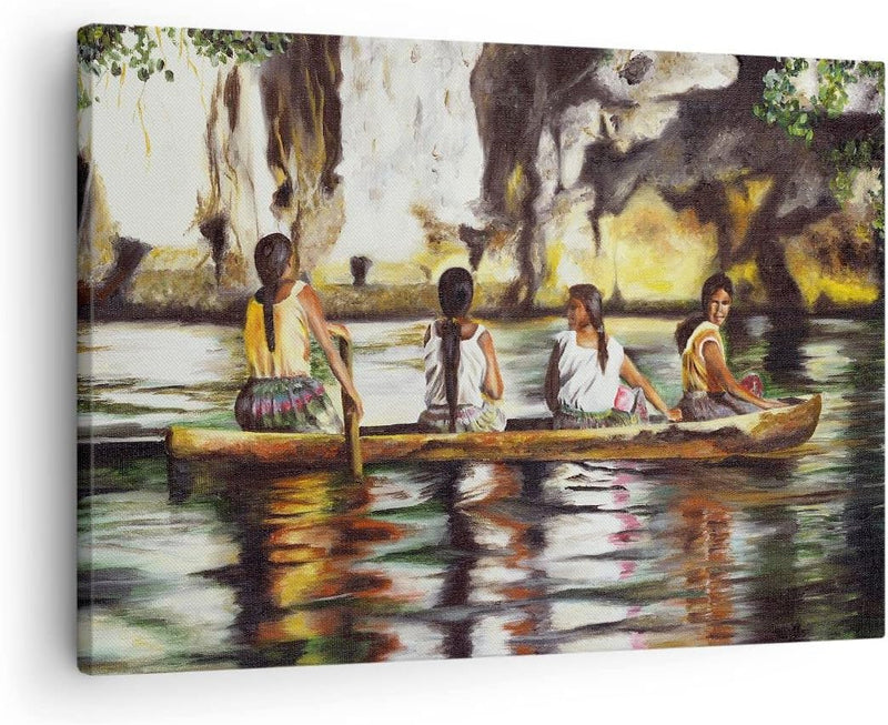 Bilder auf Leinwand Frau Wasser Boot Leinwandbild mit Rahmen 70x50cm Wandbilder Dekoration Wohnzimme