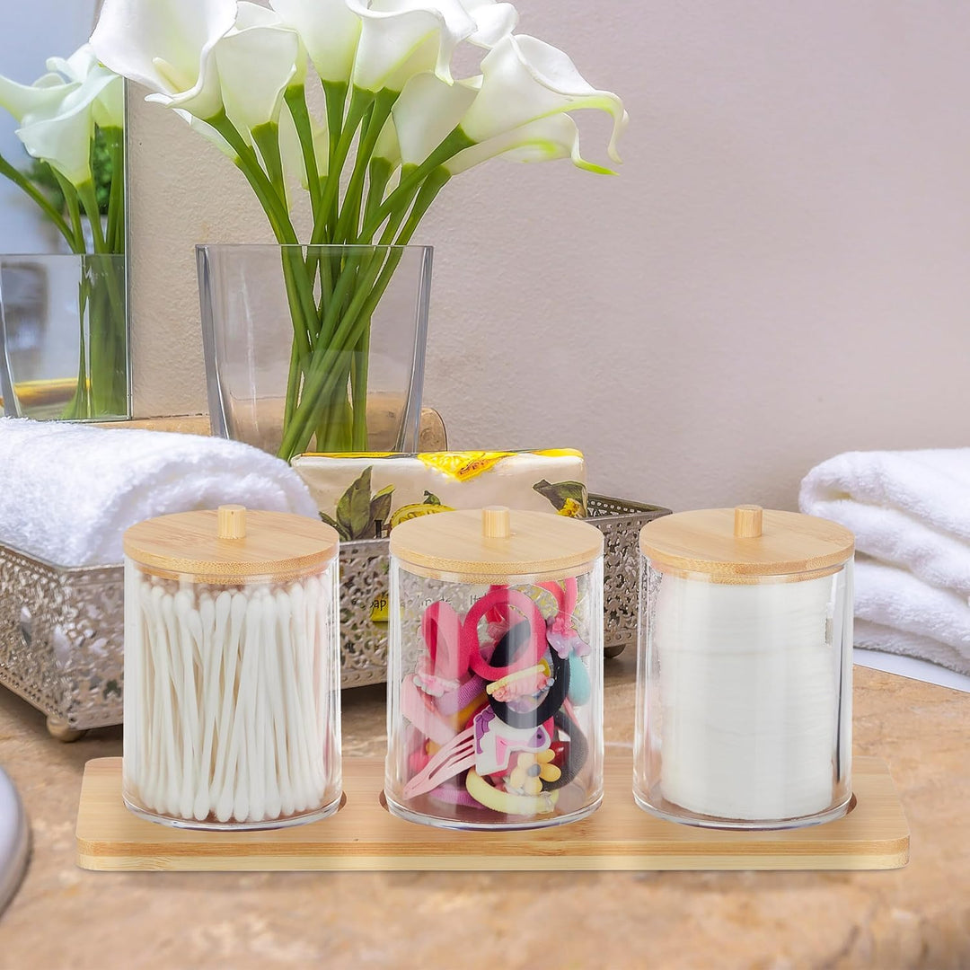 Relaxdays Wattestäbchenbehälter mit Tablett, 3 Becher m. Deckel, Kosmetik Organizer Kunststoff/Bambu