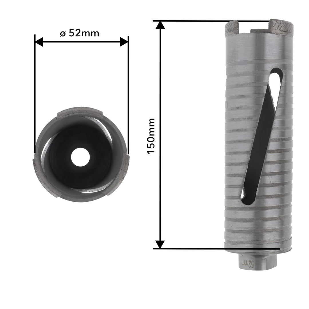 PRODIAMANT Diamant Bohrkrone ø 52mm Nutzlänge 150mm mit 6-Kant Adapter lasergeschweisst für trocken