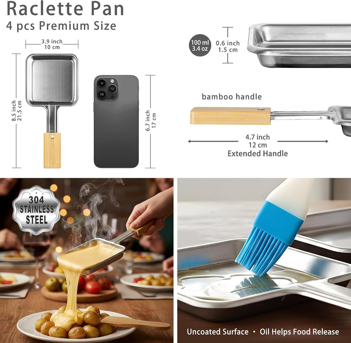 4er Set Edelstahl quadratische Raclette-Käsepfannen mit verlängertem Griff &amp; Bambusgriff, 4 Bambussp