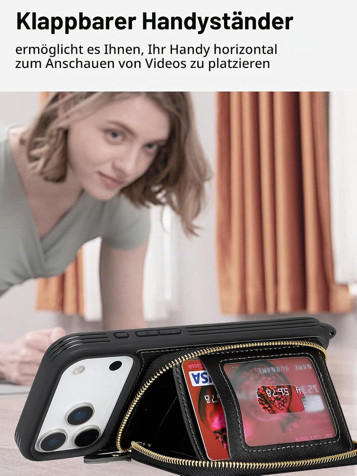 ELTEKER Handyhülle für iPhone 17 Pro Hülle mit Band Verstellbarem Schultergurt, Reissverschluss Geld