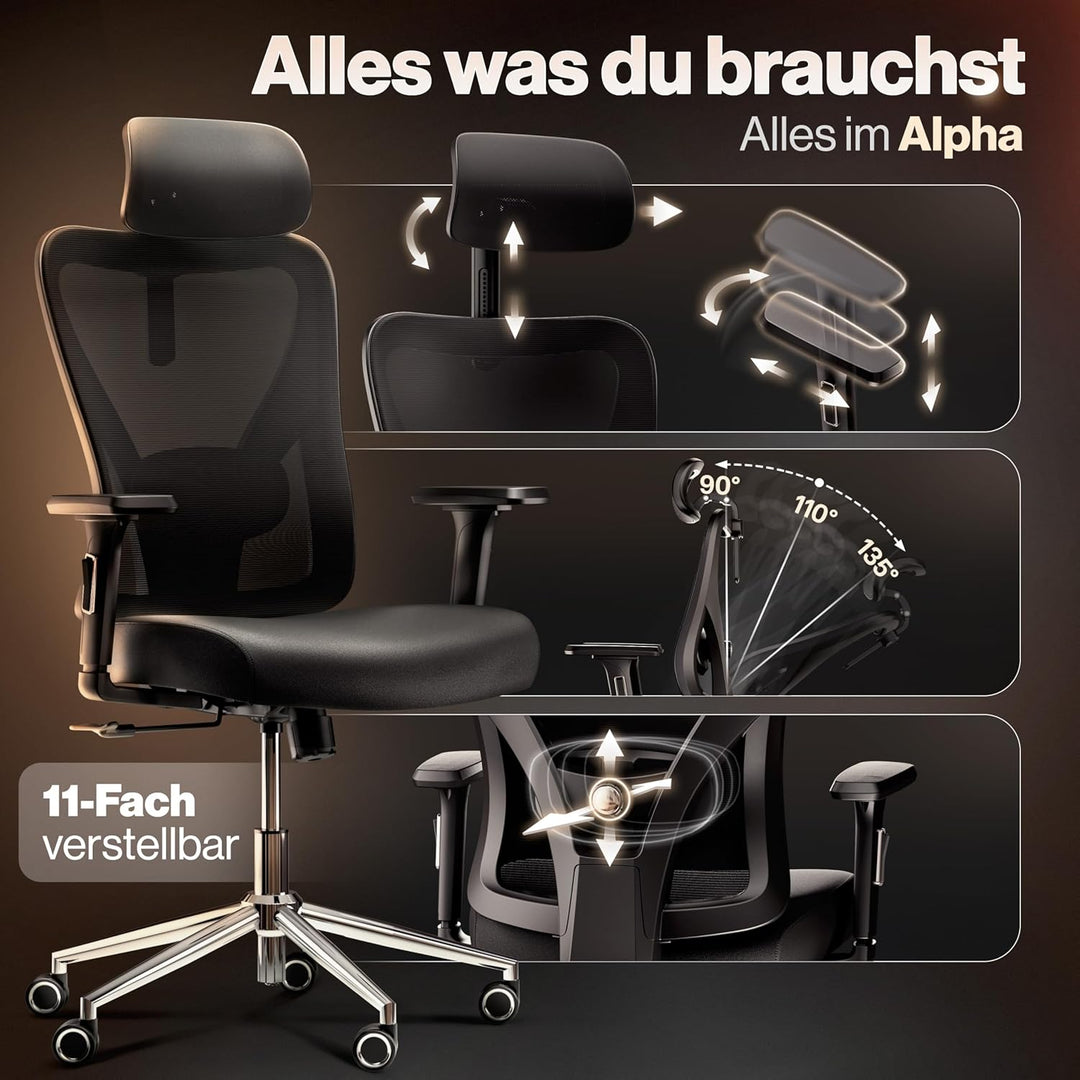 LUTIVO Alpha Bürostuhl ergonomisch [ORIGINAL] Schreibtischstuhl ergonomisch mit 11 Komfort-Einstellu