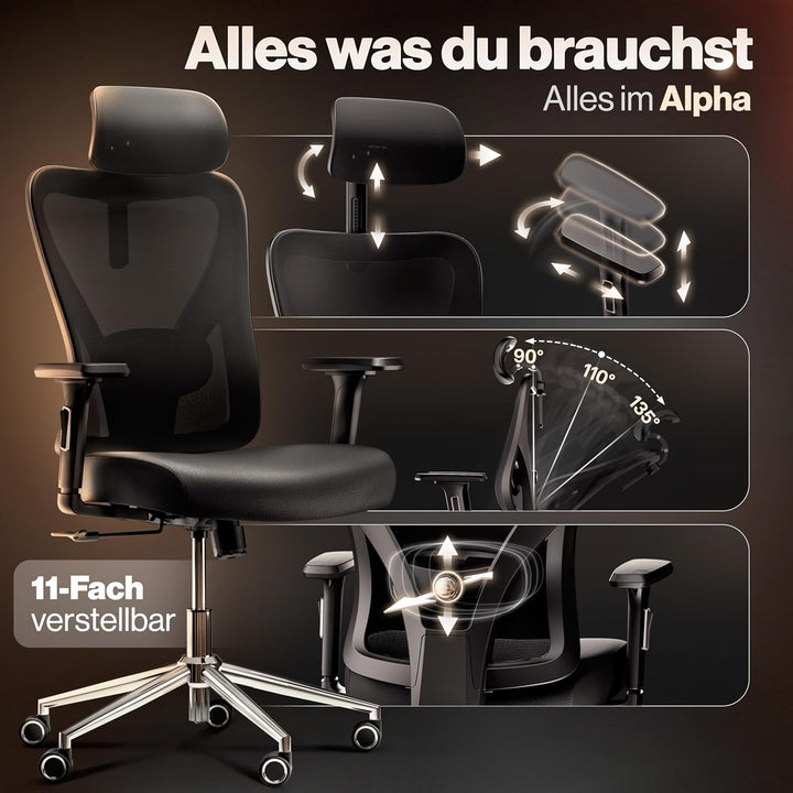LUTIVO Alpha Bürostuhl ergonomisch [ORIGINAL] Schreibtischstuhl ergonomisch mit 11 Komfort-Einstellu