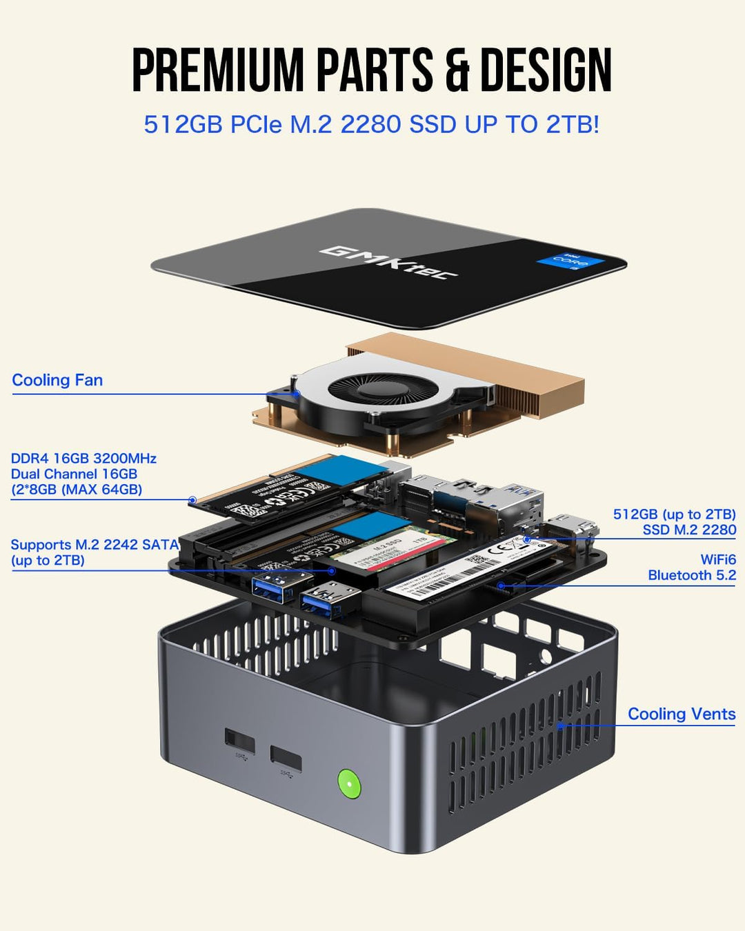 GMKtec Mini-PC Intel i5-12450H (Turbo 4,4 GHz) 16 GB (8x2) DDR4 3200 MHz 512 GB M.2 PCIe3.0 NVMe SSD