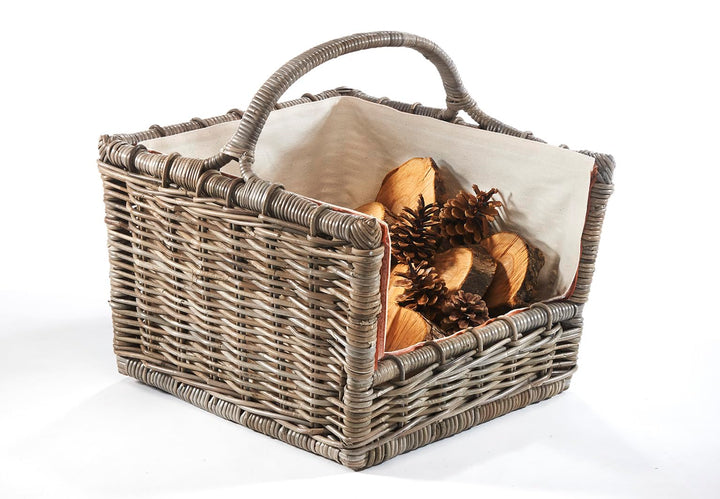 Kobolo Kaminholzkorb Holztrage Holzkorb für Kaminholz Rattan grau mit abnehmbarem Leinenstoff 50x46x