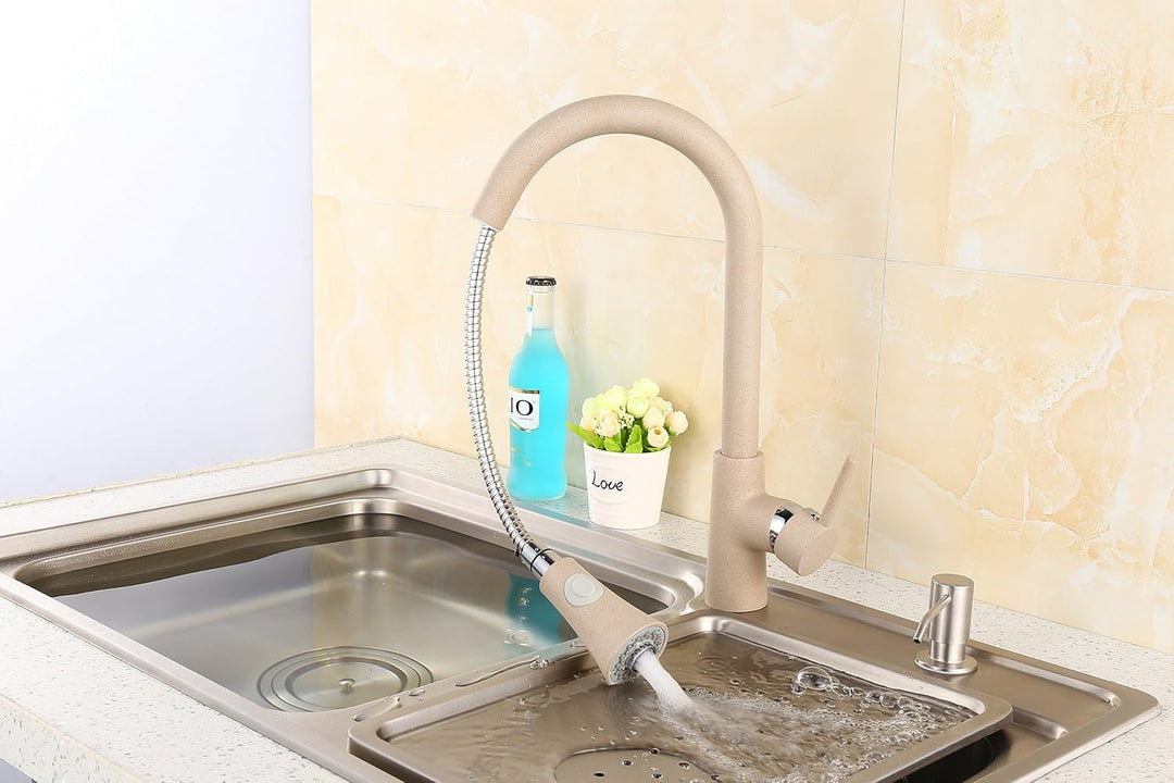 ZXC Hochdruck Profi Küchen Armatur Einhand Mischbatterie mit ausziehbarer Brause in Granit Beige, Be