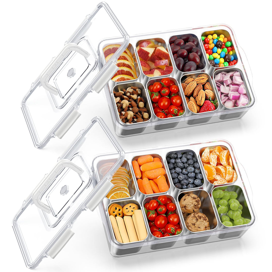 JINDUN Snackbox mit 8 Edelstahl Fächern, 2 Stück Snackteller mit Griff und Einzelnen Deckeln, Verhin
