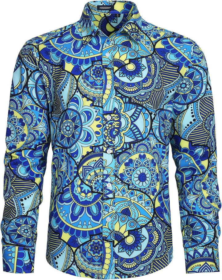 HISDERN Herren Paisley Hemd Langarm Satin Blumen Muster Hemd für Männer Jacquard Stickerei Freizeith