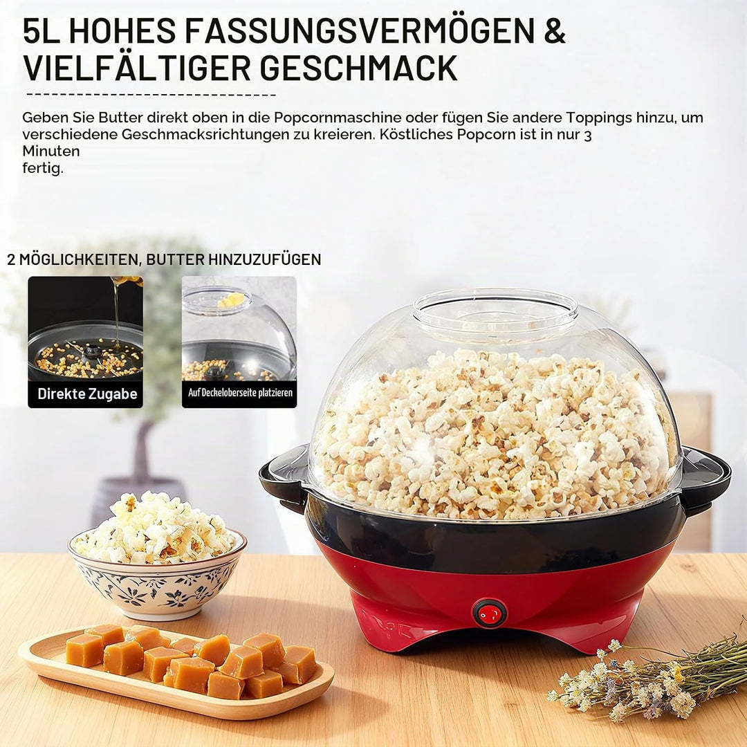 Cozary Popcornmaschine,5L Popcorn-Maker Gross für Zuhause für Zucker, Öl, Butter, mit Abnehmbarer He