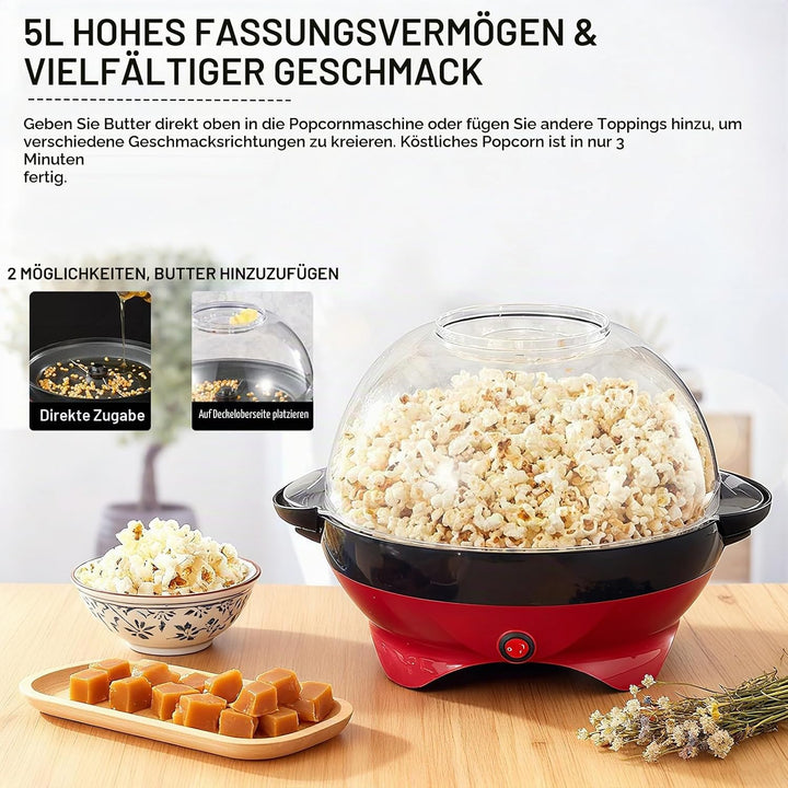 Cozary Popcornmaschine,5L Popcorn-Maker Gross für Zuhause für Zucker, Öl, Butter, mit Abnehmbarer He