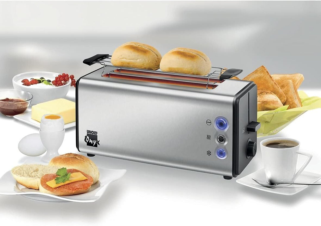 Unold 38915 Doppel-Langschlitztoaster - 4-Scheiben- Toaster, Edelstahl, 4 Funktionen: Auftauen, Aufw