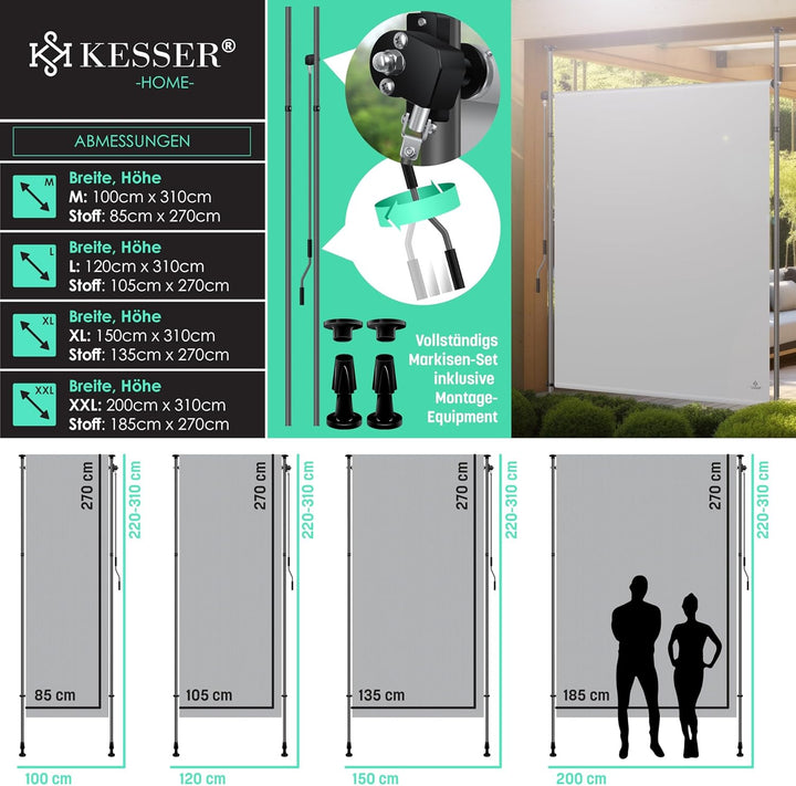 KESSER® Klemmmarkise 150x310 cm, Garten Balkon Sichtschutz wetterfest, Wind- & Sonnenschutz, Senkrec