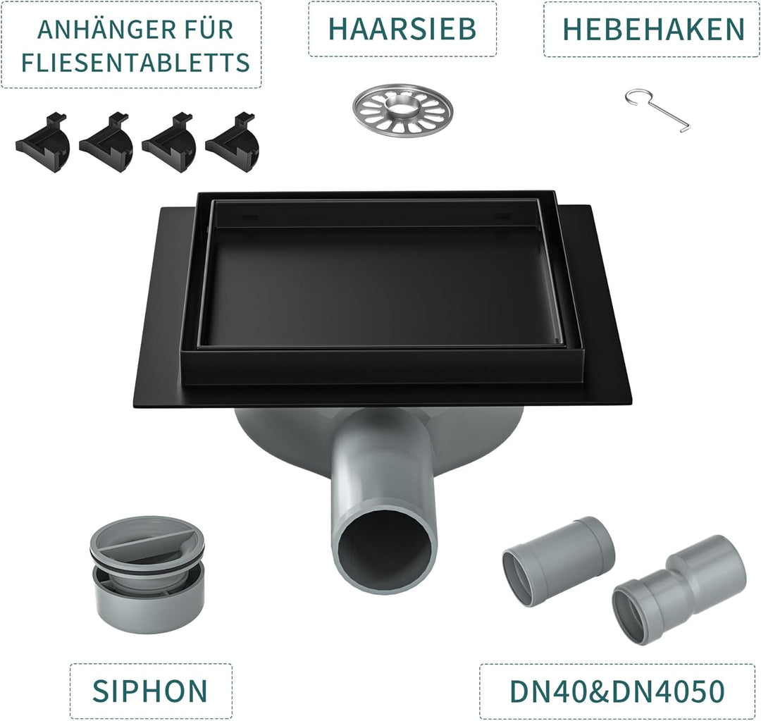 Duschrinne Quadrat 15 * 15cm, 360° Siphon mit Geruchsstop und Haarsieb 2 in1 Befliesbar Edelstahl Ab