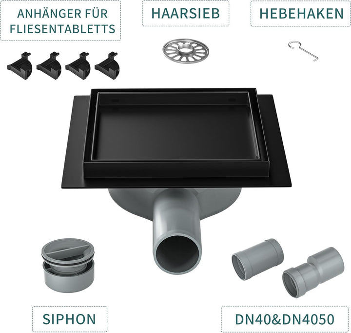 Duschrinne Quadrat 15 * 15cm, 360° Siphon mit Geruchsstop und Haarsieb 2 in1 Befliesbar Edelstahl Ab