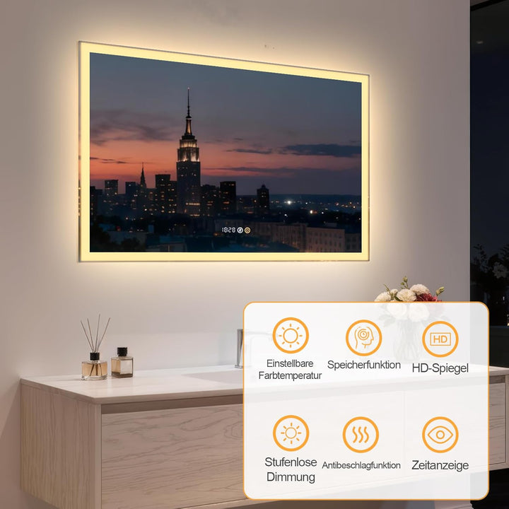 Beleuchteter Spiegel 100 x 70 cm, beleuchteter Badspiegel, LED-Spiegel mit Uhr, 3 einstellbare Licht