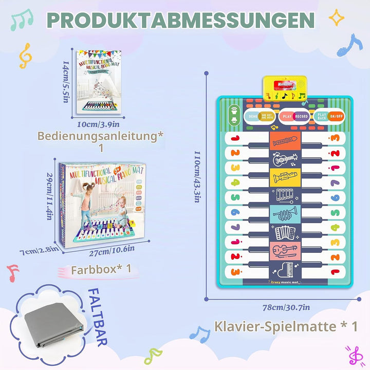 Baby Musikmatte Klaviermatte mit 8 Musikinstrumente, Keyboard Kinder Tanzmatte, Doppelte Piano Matte