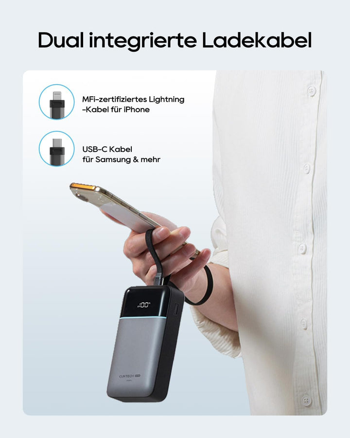 CUKTECH Power Bank 20000mAh 40W Tragbares Ladegerät mit Integriertem USB-C und MFi-zertifiziertem Li
