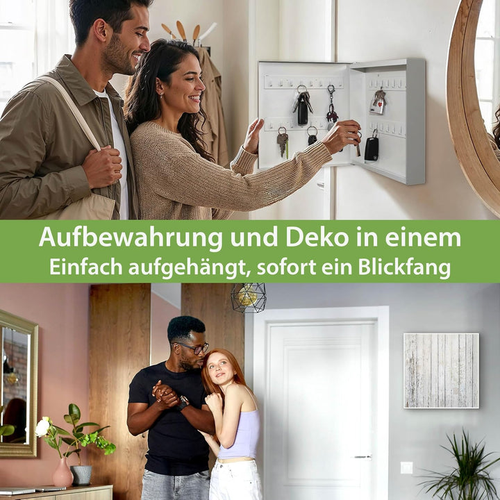 banjado® Grosser Schlüsselkasten Glas/Schlüsselbox 30cm x 30cm mit 50 Haken - Motiv Weisser Holzzaun