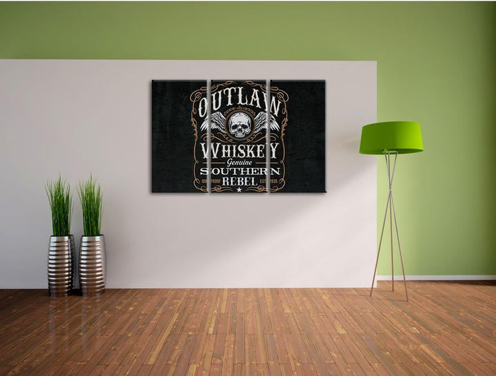 Pixxprint Whiskey Etikett „Outlaw“ schwarz 3-Teiler Leinwandbild 120x80 Bild auf Leinwand