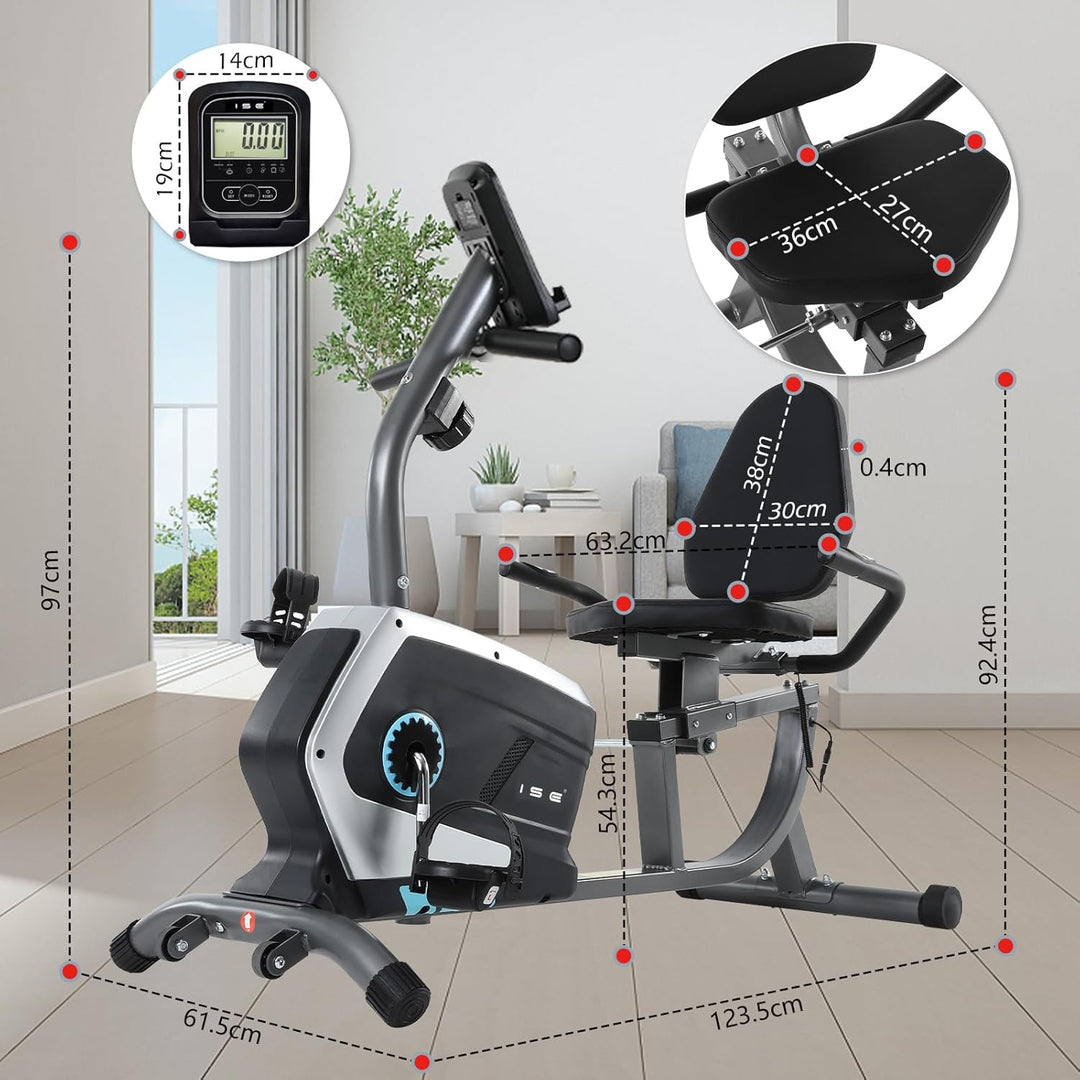 ISE Ergometer Liege- Heimtrainer mit Magnetbremse, Pulssensoren und LCD-Display, 8 Widerstandsstufen