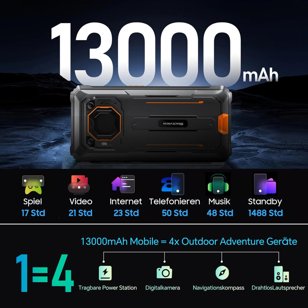 Blackview BV6200 Pro 13000mAh Outdoor Handy Ohne Vertrag Android 14,18GB+128GB Outdoor Smartphone Wa