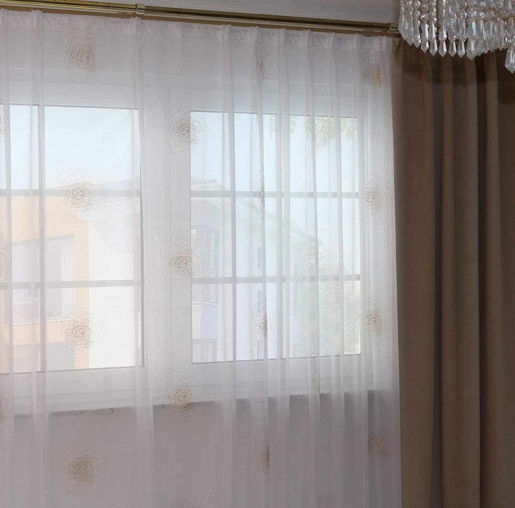 EASYHomefashion Hochwertige Fertiggardine Voile Store Deko Schal mit Stickerei Faltenband Bleiband B