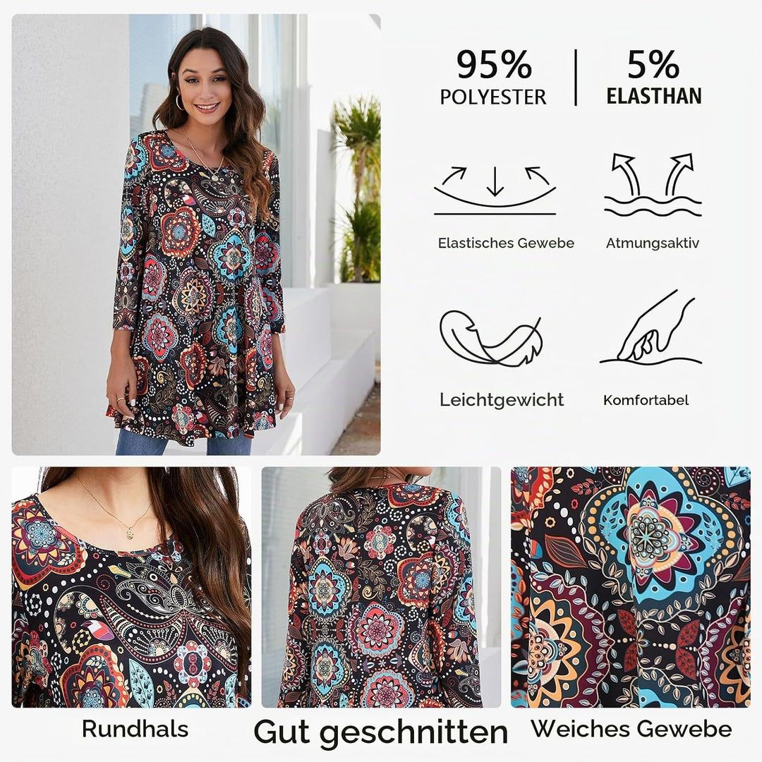 Enmain Damen Tunika Shirt Langarm/Kurzarm Longshirt Paisley Blumen 3/4 ärmel Locker Tops Sitzende Ob