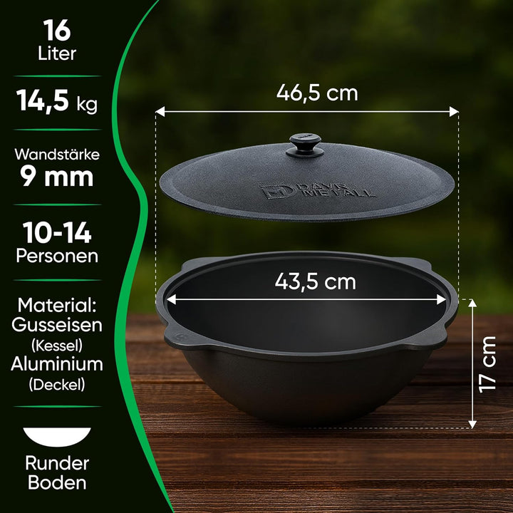 Utschak Feuerofen Ø 44cm mit Usbekisch Kazan Gusseisen 16L | Ablage Räder Adapter-Ring Schaumlöffel