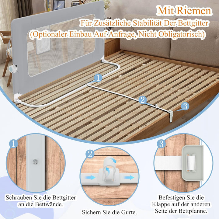 HENGMEI Rausfallschutz Bett 200 cm Bettgitter Bettschutzgitter Kinderbettgitter Zusammenklappbar um