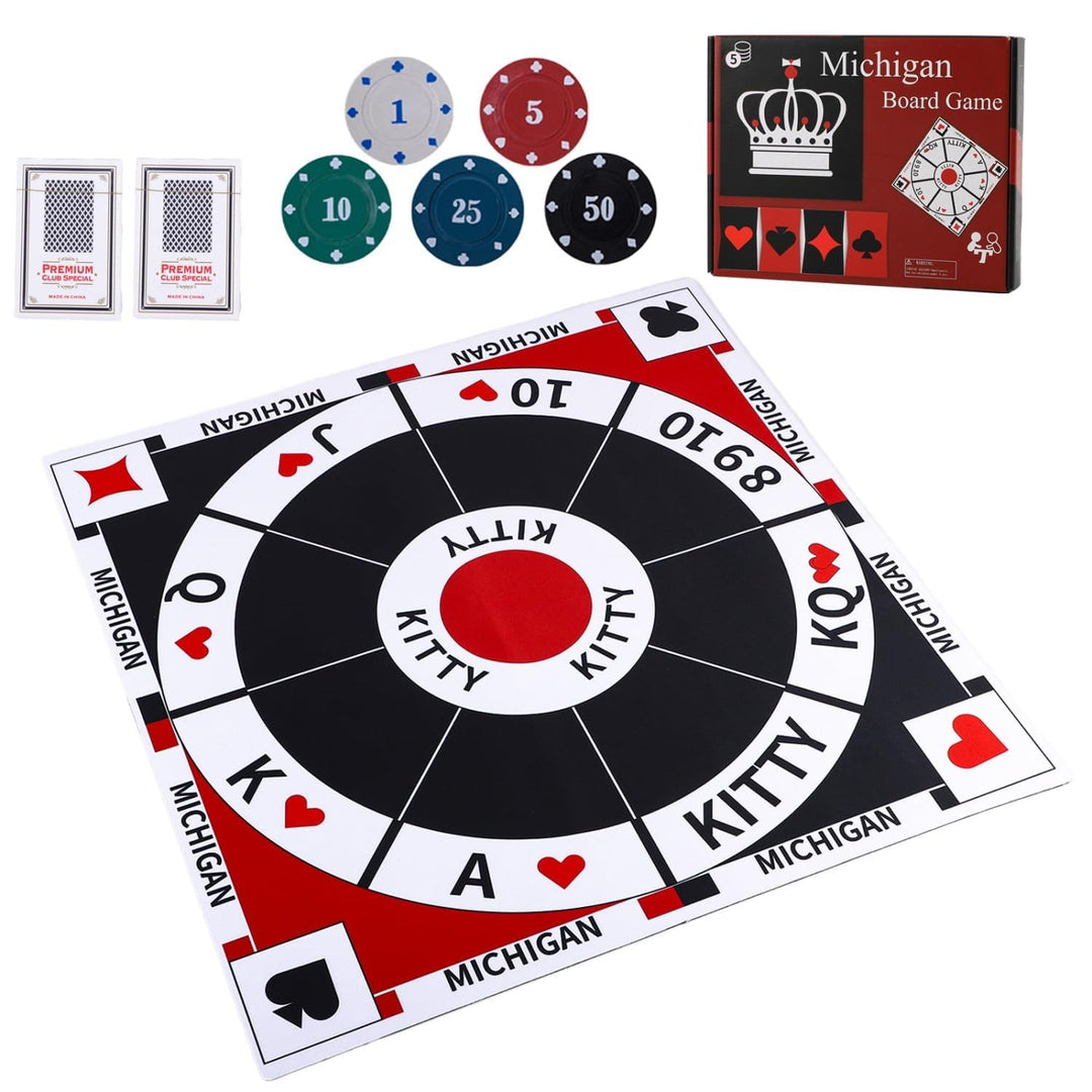 3-in-1 Michigan Rummy Spiel Set, Tripoley mit Filzmatte, 200 Pokerchips, 2 Kartenspielen, Tasche & A
