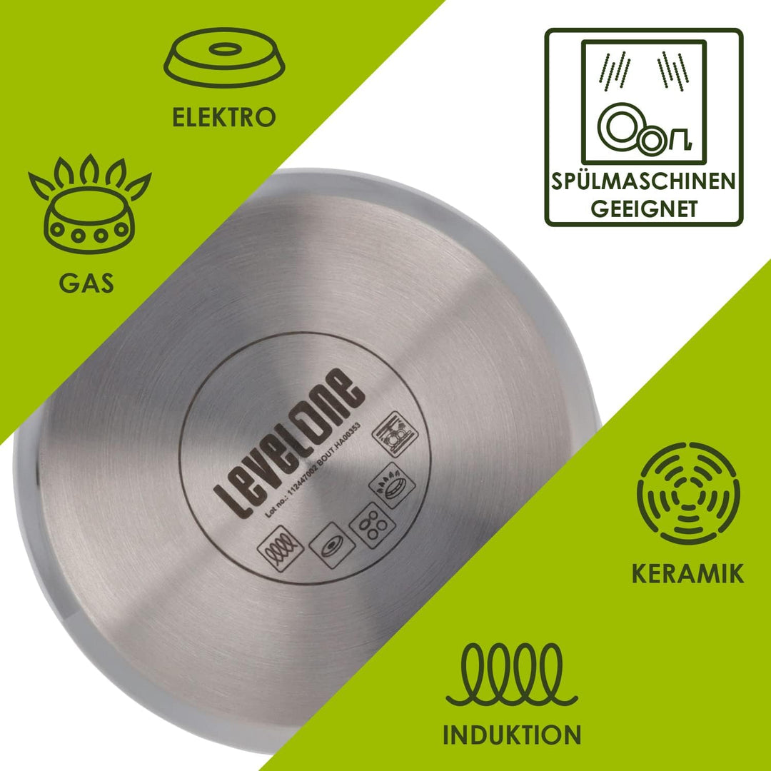 Level One Topf Kochtopf Fleischtopf 20 cm Induktion, Edelstahl unbeschichtet inkl. Glasdeckel | 11,5
