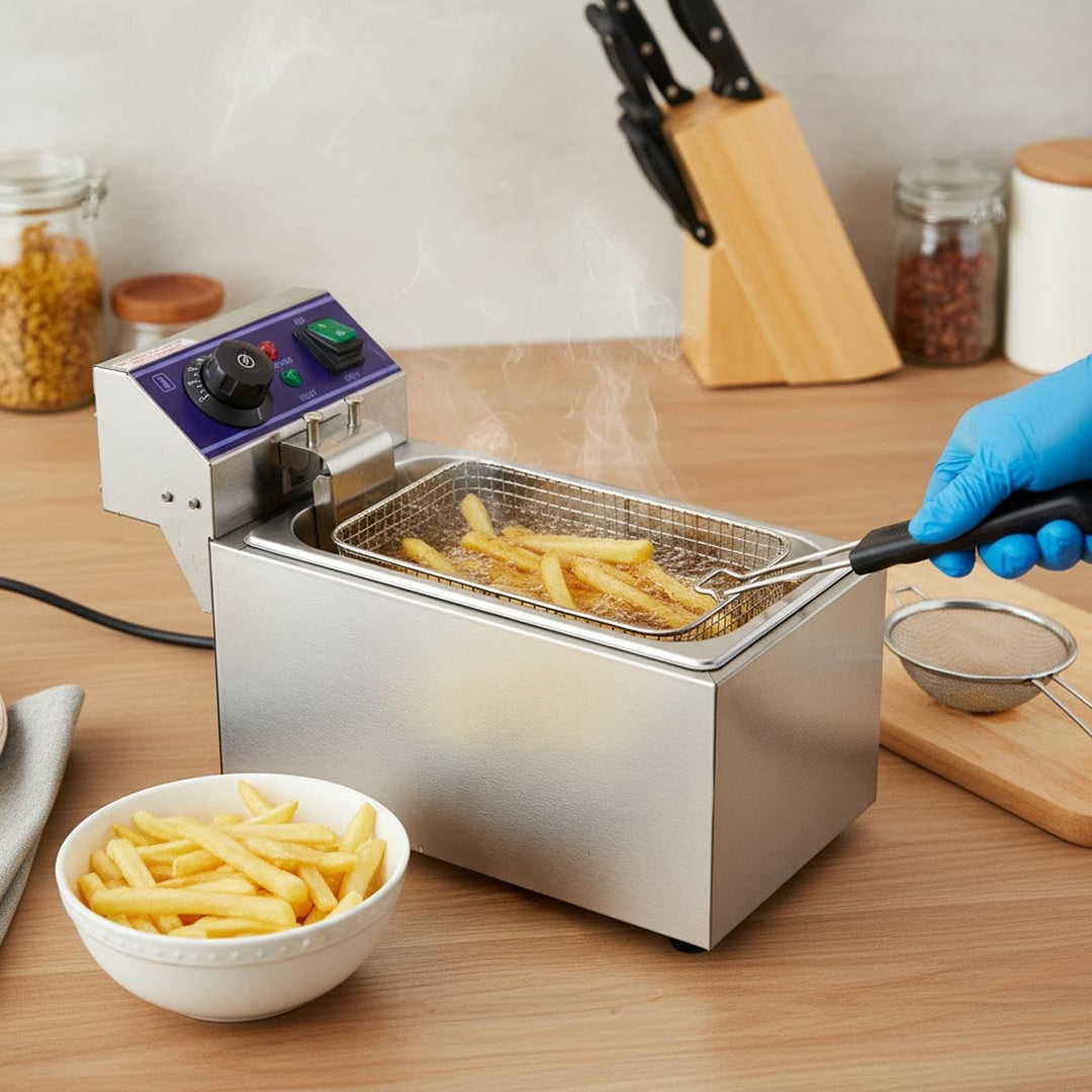 Elektro-Fritteuse 6 Liter – Edelstahl, 2000 W, Temperaturregelung bis 200°C, mit Frittierkorb – komp