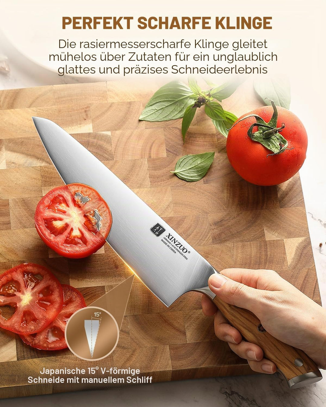 XINZUO Edelstahl 21cm Kochmesser -Profi Geschmiedet Scharf Chefmesser Deutschem 1.4116 Edelstahl Küc