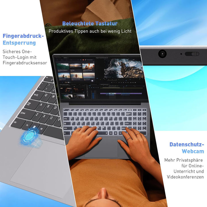 Auusda Laptop 17,3 Zoll Notebook, 8GB DDR4 RAM 256GB SSD, 3250C Prozessor, Fingerabdrucksensor, bele